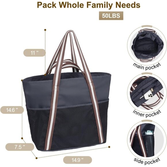 Women's Black Vacation Waterproof Sandproof With Zipper Mesh Pockets Beach Bag - Picture 2 of 8